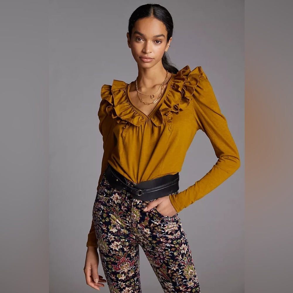 Anthropologie Mustard Ruffle Top - Picture 3 of 7